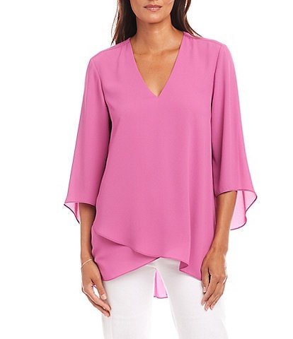 Karen Kane Petite Size Silky Crepe V-Neck 3/4 Flare Sleeve Asymmetric Crossover Hem Top