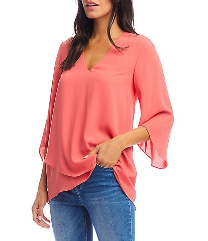 Karen Kane Petite Size Silky Crepe V-Neck 3/4 Flutter Sleeve Asymmetric Crossover Hem Top