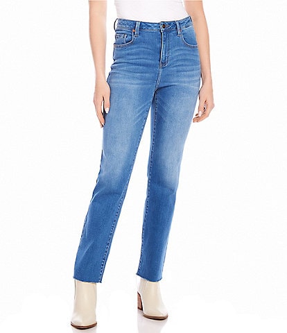 Karen Kane Petite Size Stretch High Rise Raw Hem Straight Leg Jeans