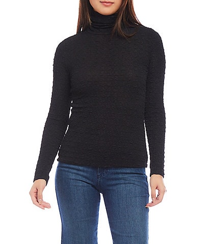 Karen Kane Petite Size Stretchy Bubble Textured Knit Turtleneck Long Sleeve Top