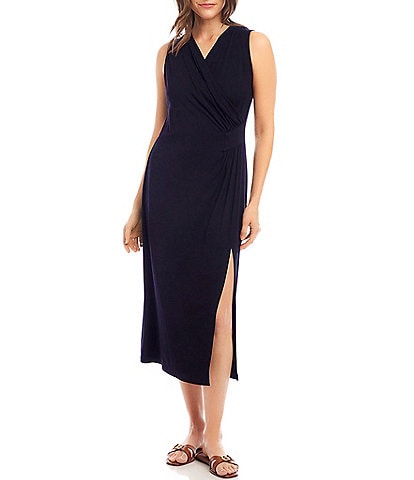 Karen Kane Petite Size Surplice V-Neck Sleeveless Side Slit Faux Wrap Midi Dress