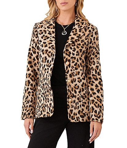 Karen Kane Petite Size Textured Jacquard Leopard Notch Collar Long Sleeve Button Front Blazer