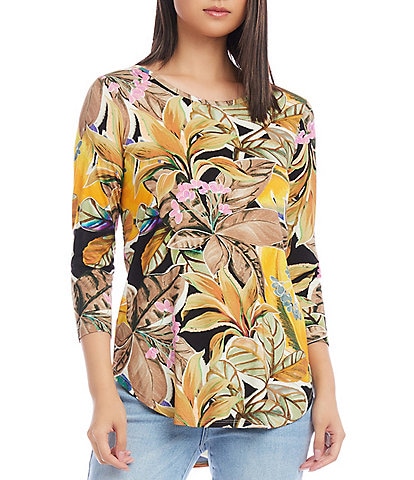 Karen Kane Petite Size Tropical Floral Print Knit Scoop Neck 3/4 Sleeve Shirttail Hem Top