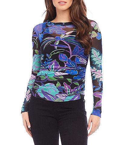 Karen Kane Petite Size Tropical Print Crew Neck Long Sleeve Side-Shirred Mesh Top