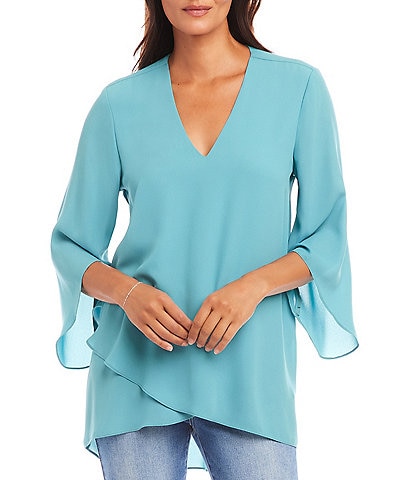 Karen Kane Petite Size V-Neck 3/4 Sleeve Crossover Hem Silky Crepe Top