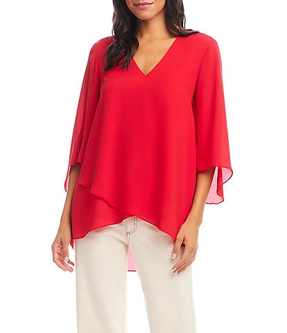 Karen Kane Petite Size V-Neck 3/4 Sleeve Crossover Hem Silky Crepe Top