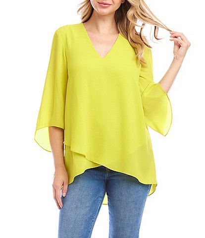Karen Kane Petite Size V-Neck 3/4 Sleeve Crossover Hem Silky Crepe Top