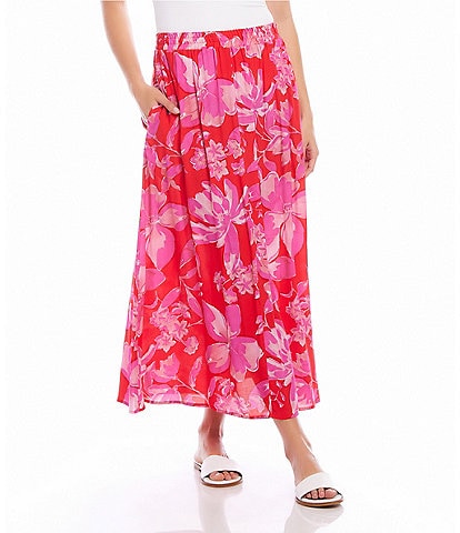 Karen Kane Pink Floral Rose Mid Rise Pocketed A-Line Midi Skirt