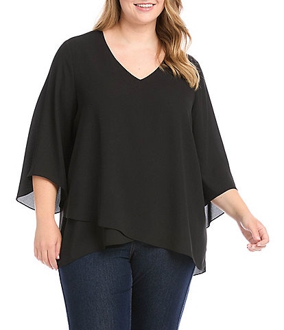 Karen Kane Plus Size Crepe V-Neck 3/4 Flare Sleeve Asymmetric Hem Top