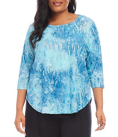 Karen Kane Plus Size Burnout Tie-Dye Print Crew Neck 3/4 Sleeve Shirttail Hem Top