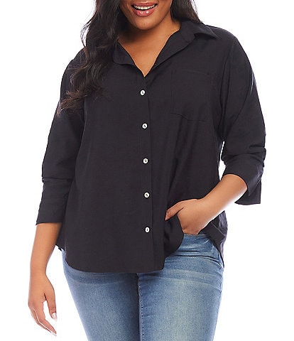 Karen Kane Plus Size Button Down Collar 3/4 Ruched Sleeve Top