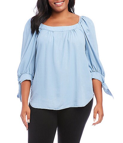 Karen Kane Plus Size Chambray Square Neck Tied-Cuff Puffed Sleeve Top