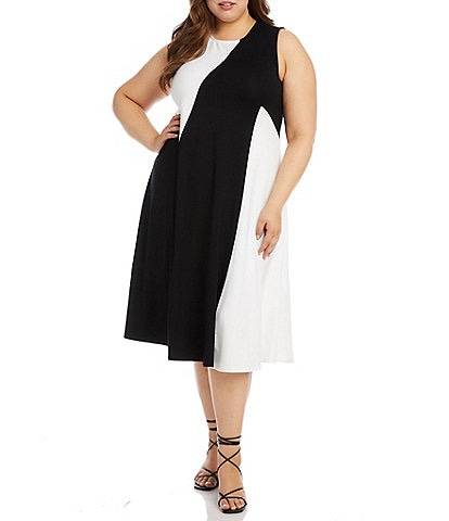 Karen Kane Plus Size Color Blocked Print Sleeveless Crew Neck Midi Dress