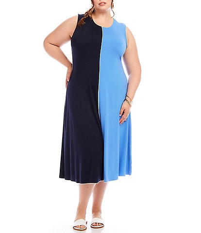 Karen Kane Plus Size Colorblock Crew Neck Sleeveless A-Line Midi Dress