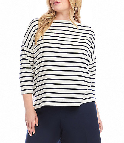 Karen Kane Plus Size Cotton-Blend Stripe Boat Neck 3/4 Sleeve Top