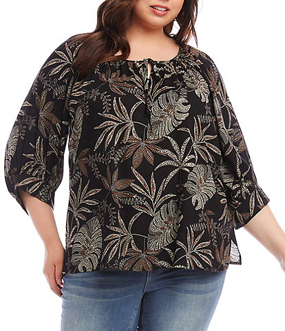 Karen Kane Plus Size Dotted Leaf Print Split V-Neck 3/4 Sleeve Coordinating Top