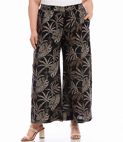 Karen Kane Plus Size Dotted Leaf Print Wide-Leg Pull-On Pants