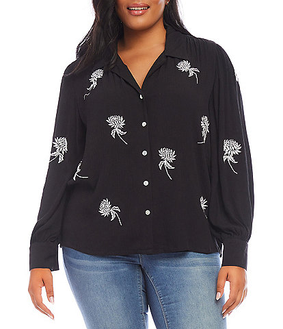 Karen Kane Plus Size Embroidered Notch Collar Long Pleated Blouson Sleeve Button-Front Top