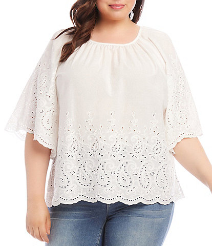 Karen Kane Plus Size Embroidered Scoop Neck Bell Sleeves Peasant Top