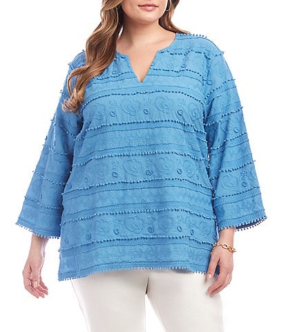 Karen Kane Plus Size Embroidered Split-Neck 3/4 Flare Sleeve Tunic