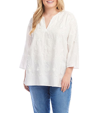 Karen Kane Plus Size Embroidered Split V-Neck 3/4 Sleeve Tunic