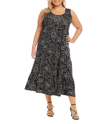 Karen Kane Plus Size Floral Print Scoop Neck Sleeveless Tiered Midi Dress