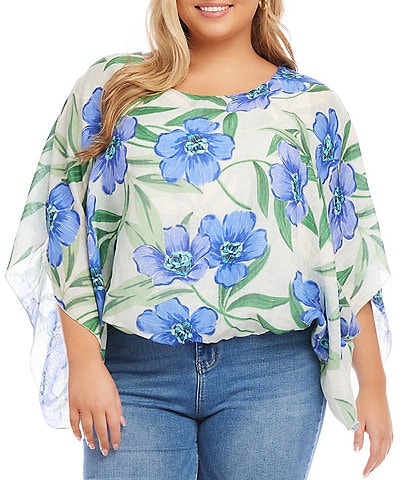 Karen Kane Plus Size Floral Scoop Neck Asymmetric 3/4 Bell Sleeve Blouse