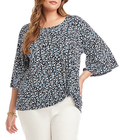 Karen Kane Plus Size Heart Print Crew Neck 3/4 Flare Sleeve Pick-Up Top