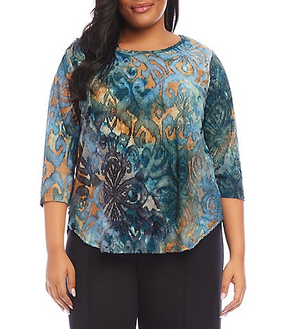 Karen Kane Plus Size Jacquard Tie Dye Boat Neck 3/4 Sleeve Top