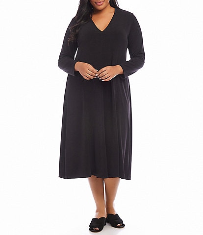 Karen Kane Plus Size Jersey Knit Kate V-Neck Long Sleeve A-Line Midi Dress