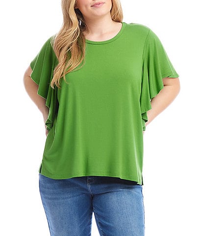 Karen Kane Plus Size Knit Crew Neck Short Flouncy Ruffle Sleeve Top