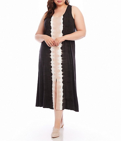 Karen Kane Plus Size Knit Jersey Colorblock Print Scoop Neck Sleeveless Front Slit Midi Dress