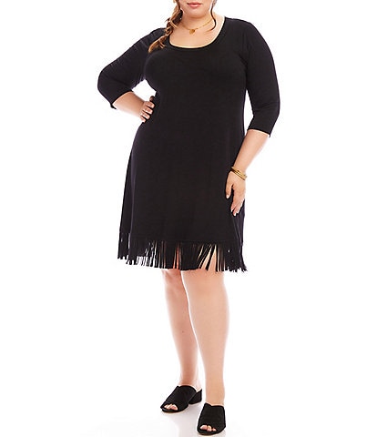 Karen Kane Plus Size Knit Jersey Scoop Neck 3/4 Sleeve Fringe Hem Dress