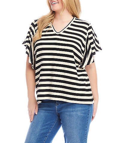 Karen Kane Plus Size Knit Stripe V-Neck Short Flutter Sleeve Top