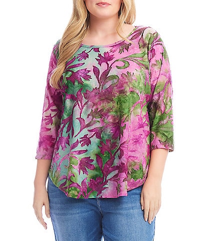 Karen Kane Plus Size Knit Tie-Dye Burnout Floral Print Scoop Neck 3/4 Sleeve Top