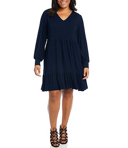Karen Kane Plus Size Knit V-Neck Long Blouson Sleeve Tired Dress