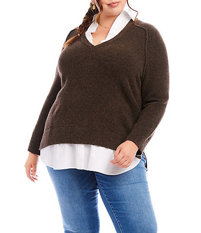 Karen Kane Plus Size Layered Point Collar Long Sleeve Knit Sweater