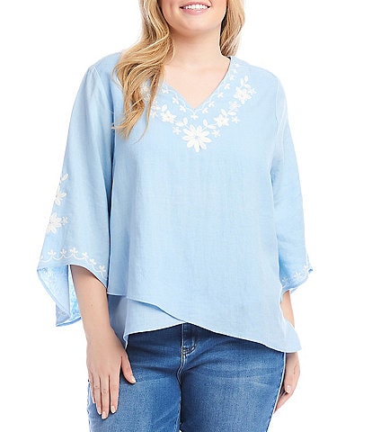 Karen Kane Plus Size Linen-Blend Embroidered V-Neck 3/4 Flare Sleeve Asymmetrical Top