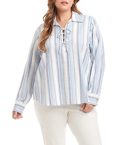 Karen Kane Plus Size Linen-Blend Striped Collared Long Sleeve Lace-Up Top