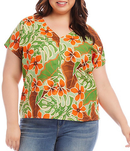 Karen Kane Plus Size Linen Blend Tropical Floral Print V-Neck Short Sleeve Top