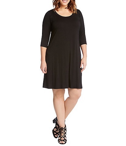Karen Kane Plus Size Little Black Dress Collection Scoop Neck 3/4 Sleeve A-Line Dress