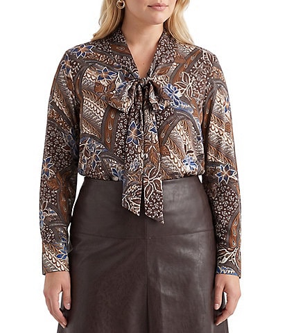 Karen Kane Plus Size Patchwork Twill Bow Neck Long Sleeve Top