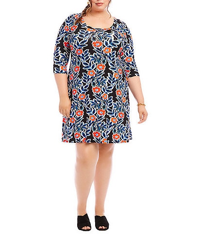 Karen Kane Plus Size Poppy Print Scoop Neck 3/4 Sleeve A-Line Dress