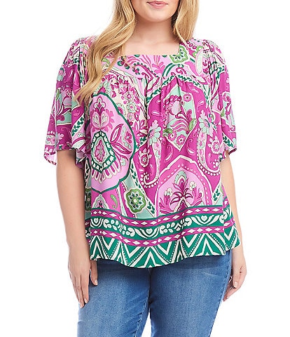 Karen Kane Plus Size Printed Square Neck Short Flare Sleeve Top