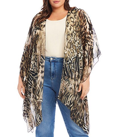 Karen Kane Plus Size Shadow Mixed Animal Print 3/4 Sleeve Side Drape Open Front Jacket