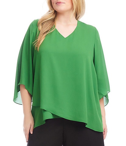 Karen Kane Plus Size Silky Crepe V-Neck 3/4 Flare Sleeve Asymmetric Crossover Hem Top