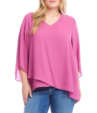 Karen Kane Plus Size Silky Crepe V-Neck 3/4 Flare Sleeve Asymmetric Crossover Hem Top