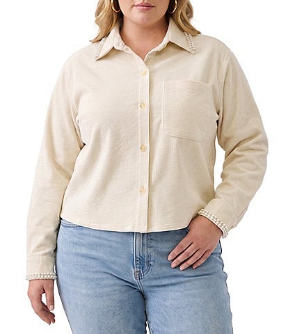 Karen Kane Plus Size Soft Corduroy Pearl Embellish Point Collar Long Sleeves Button Front Top