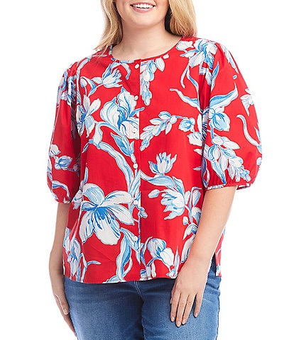 Karen Kane Plus Size Soft Cotton Printed Scoop Neck Puff Elbow Sleeve Shirt