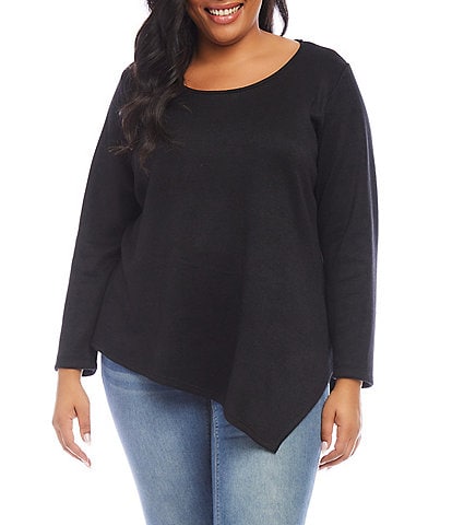 Karen Kane Plus Size Soft Knit Scoop Neck Long Sleeve Asymmetric Hem Popover Top